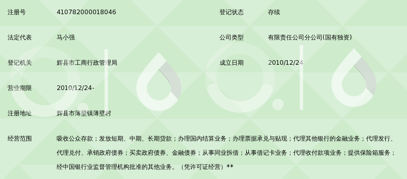 河南辉县农村商业银行股份有限公司薄壁支行_