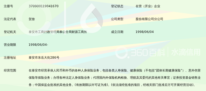 中国平安人寿保险股份有限公司泰安中心支公司